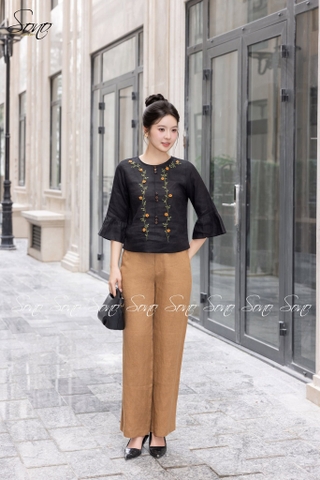 SONO - Áo linen tay lỡ thêu hoa dây leo