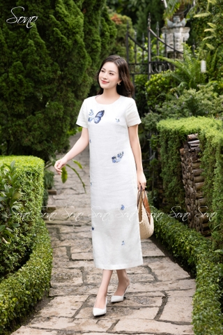 SONO - Đầm trắng có tay thêu cánh bướm