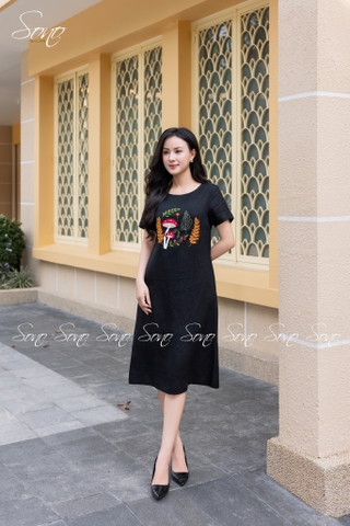 SONO - Đầm linen có tay thêu cây nấm