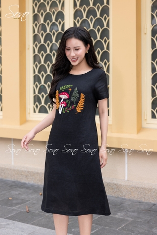 SONO - Đầm linen có tay thêu cây nấm