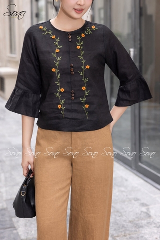 SONO - Áo linen tay lỡ thêu hoa dây leo