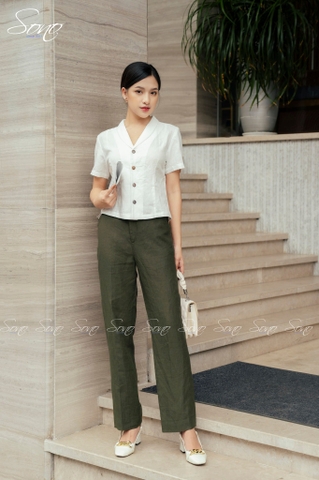 SONO - Áo linen cổ vest tay ngắn