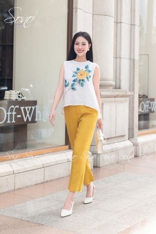 SONO - Áo linen sát nách tà lệch vẽ hoa