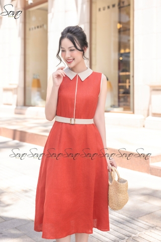 SONO - Đầm sơ mi sát nách linen viền màu
