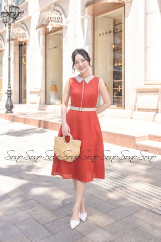 SONO - Đầm sơ mi sát nách linen viền màu
