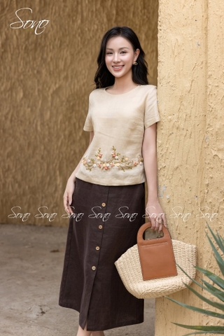 SONO - Áo linen tay ngắn thêu quấn bọ