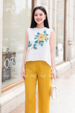SONO - Áo linen sát nách tà lệch vẽ hoa