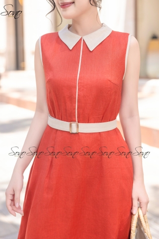 SONO - Đầm sơ mi sát nách linen viền màu