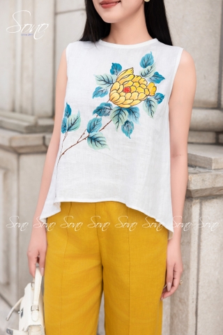 SONO - Áo linen sát nách tà lệch vẽ hoa
