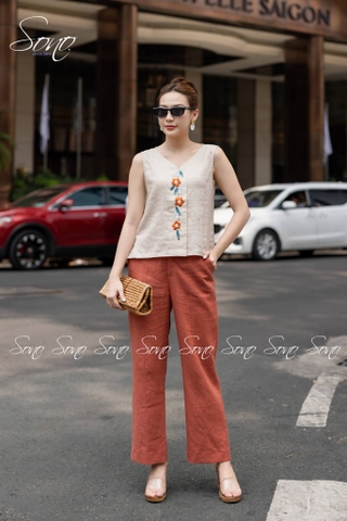 SONO - Áo linen sát nách thêu dọc