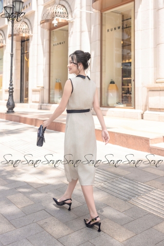 SONO - Đầm sơ mi sát nách linen viền màu