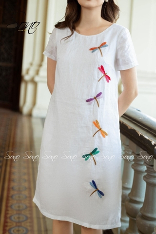 SONO - Đầm linen có tay thêu 6 chuồn chuồn