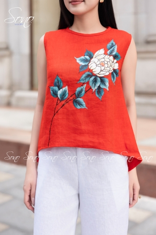 SONO - Áo linen sát nách tà lệch vẽ hoa