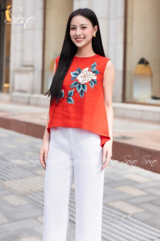 SONO - Áo linen sát nách tà lệch vẽ hoa