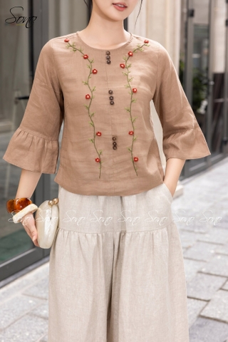 SONO - Áo linen tay lỡ thêu hoa dây leo
