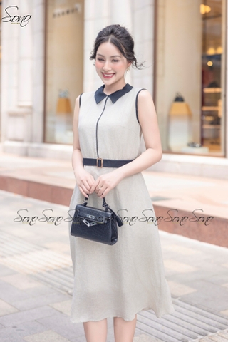 SONO - Đầm sơ mi sát nách linen viền màu