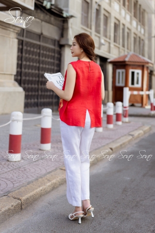 SONO - Áo linen sát nách vẽ lá sen