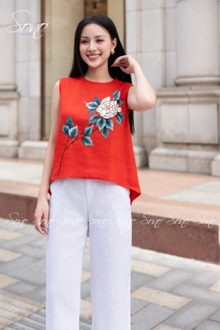 SONO - Áo linen sát nách tà lệch vẽ hoa