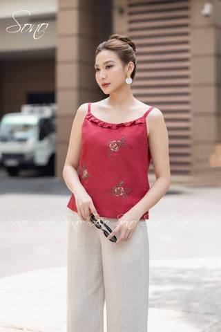 SONO - Áo linen 2 dây thêu 3 hoa