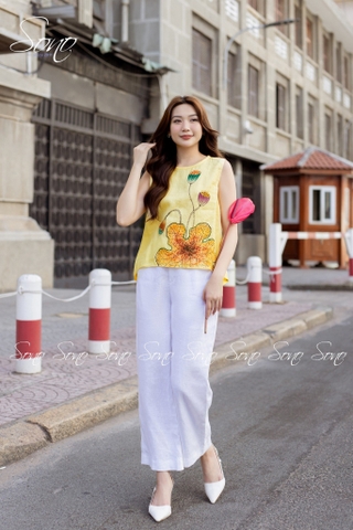 SONO - Áo linen sát nách vẽ lá sen