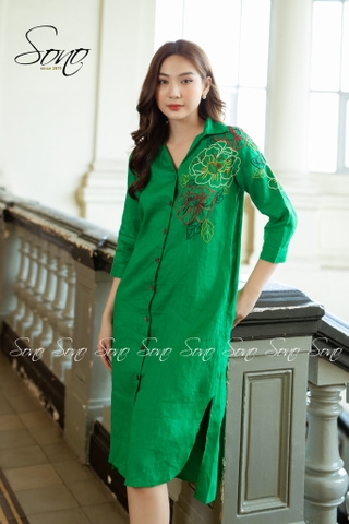 SONO - Đầm linen sơ mi thêu hoa vai
