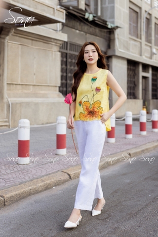 SONO - Áo linen sát nách vẽ lá sen