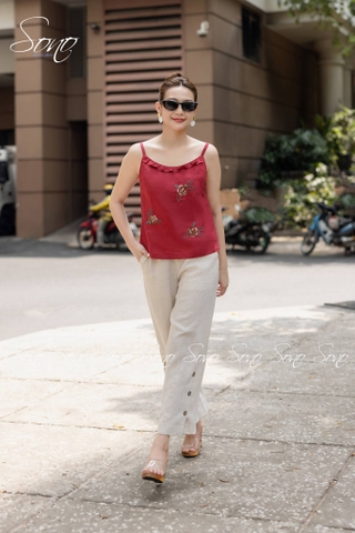 SONO - Áo linen 2 dây thêu 3 hoa