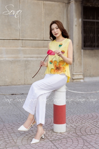 SONO - Áo linen sát nách vẽ lá sen