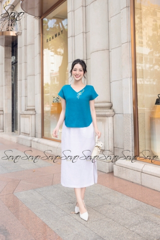 SONO - Áo linen tay dơi cổ tim thêu