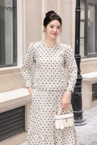 SONO - Áo linen dài tay chấm bi cổ tết