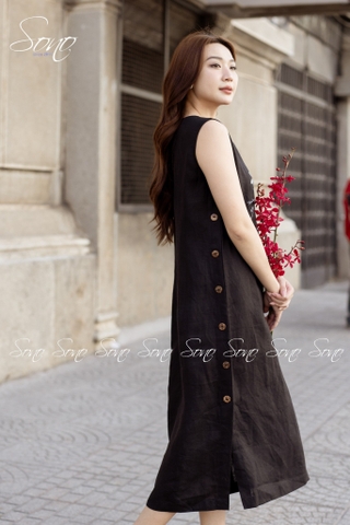 SONO - Đầm dài linen nút bên vẽ hoa