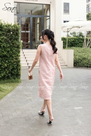 SONO - Đầm linen cổ V phối 3 nút gỗ