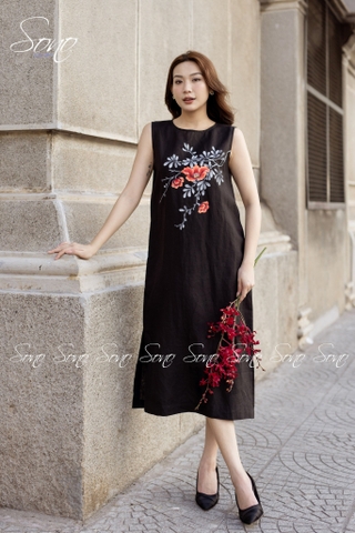 SONO - Đầm dài linen nút bên vẽ hoa