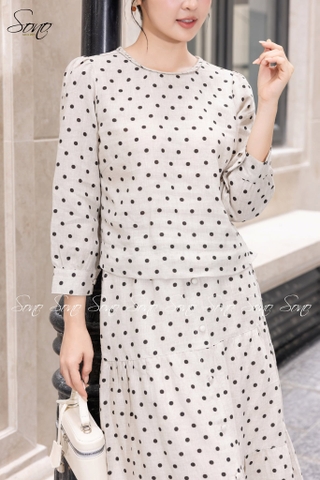 SONO - Áo linen dài tay chấm bi cổ tết