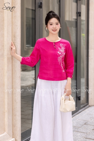 SONO - Áo linen tay dài thêu thiên nga