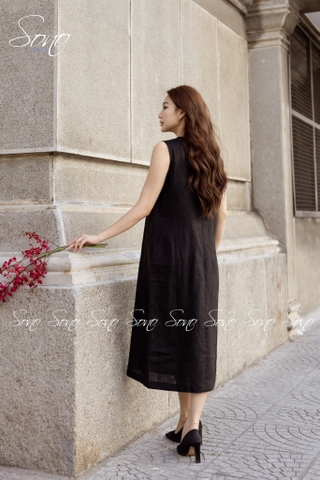 SONO - Đầm dài linen nút bên vẽ hoa