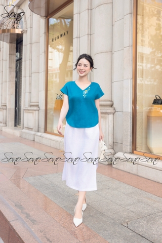 SONO - Áo linen tay dơi cổ tim thêu