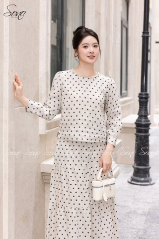 SONO - Áo linen dài tay chấm bi cổ tết