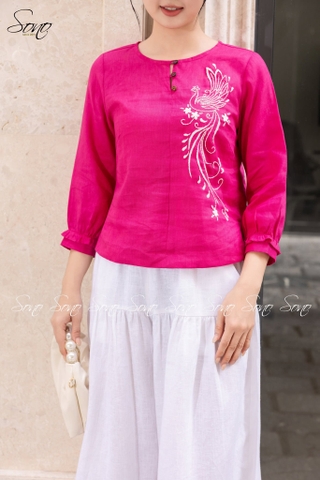 SONO - Áo linen tay dài thêu thiên nga