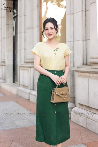 SONO - Áo linen tay dơi cổ tim thêu