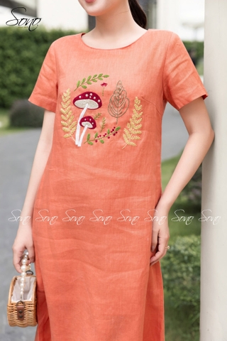 SONO - Đầm linen có tay thêu cây nấm