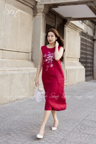 SONO - Đầm dài linen nút bên vẽ hoa