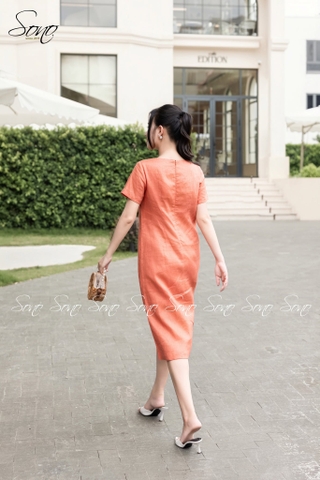 SONO - Đầm linen có tay thêu cây nấm