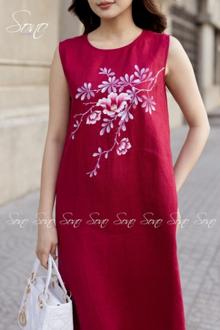 SONO - Đầm dài linen nút bên vẽ hoa