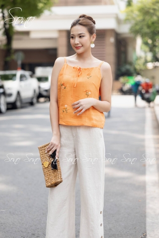 SONO - Áo linen 2 dây thắt nơ thêu hoa