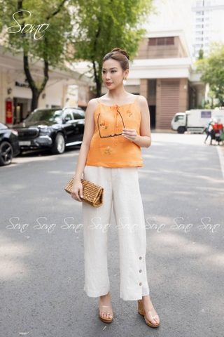 SONO - Áo linen 2 dây thắt nơ thêu hoa