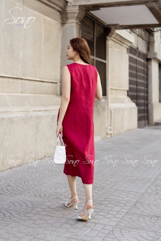 SONO - Đầm dài linen nút bên vẽ hoa