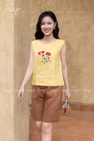 SONO - Áo linen sát nách thêu hoa cẩm chướng