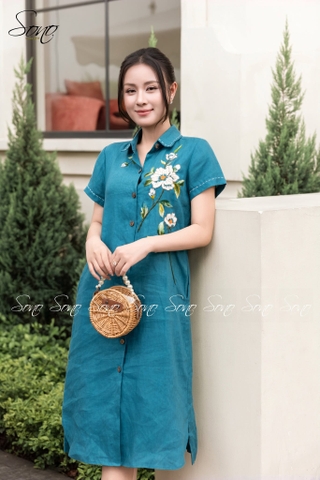 SONO - Đầm sơ mi tay ngắn linen thêu hoa