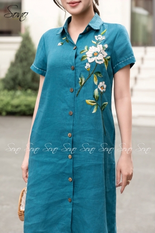 SONO - Đầm sơ mi tay ngắn linen thêu hoa
